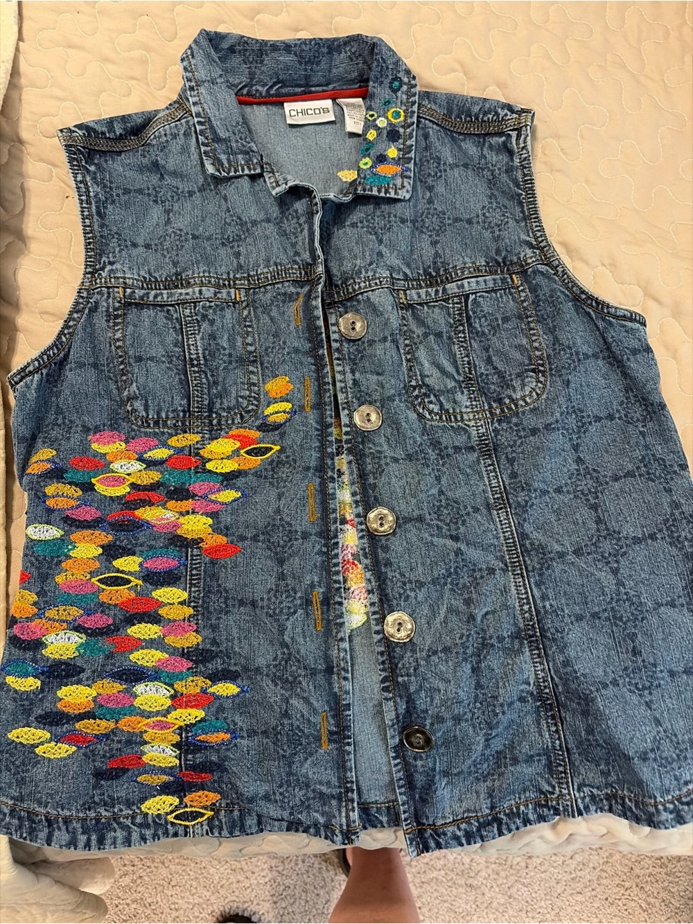 Chico's Blue Denim Embroidered Sleeveless Vest